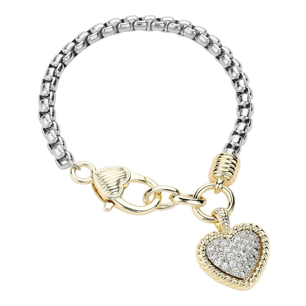 Two Tone CZ Stone Heart Charm Pendant Chain Dangle Bracelet Bangle Silver Gold